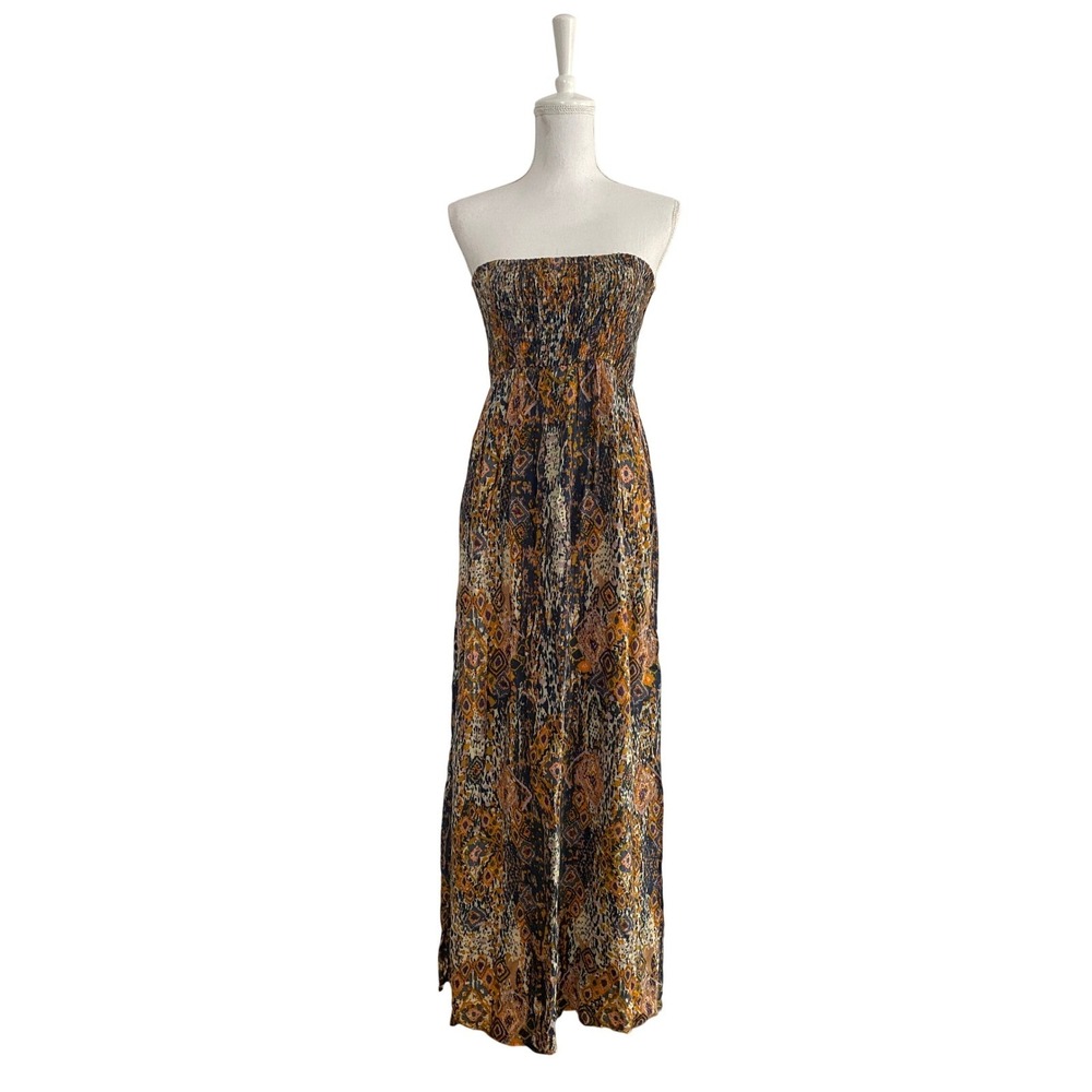 Boho Strapless Smocked Maxi Dress Medallion Print Earth Tones Tube Top Long